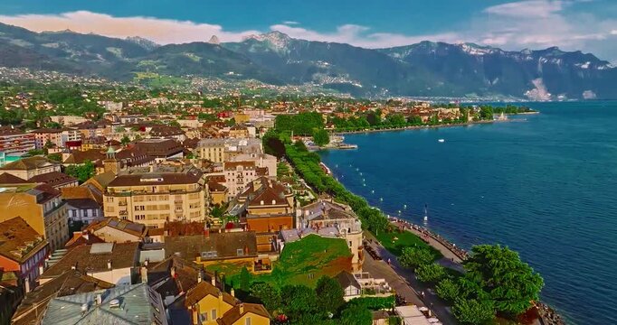 Aerial view of Vevey city in western Switzerland on the shores of Lake Geneva