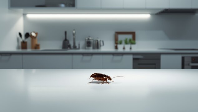 Cockroach nearing a pest trap in a tidy environment.
