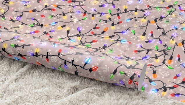 Colorful string lights roll out for gift wrapping and festive decor.