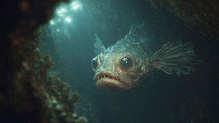 Obraz premium Mysterious Deep Sea Creature with Glowing Eyes in Ocean Abyss