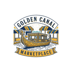 Gondola boat in Venetian canal marketplace vintage logo. © LenteraCinema