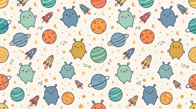 Adorable cartoon aliens wave among colorful planets and rockets flying through a starry night sky