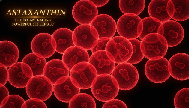 Microscopic macro of glowing ruby red astaxanthin microalgae cells