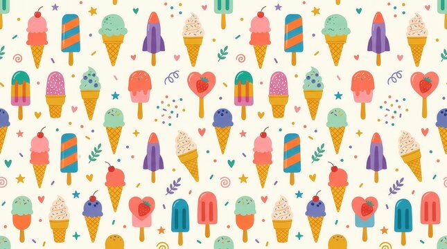 Whimsical, colorful seamless pattern of frozen treats, sprinkles & shapes