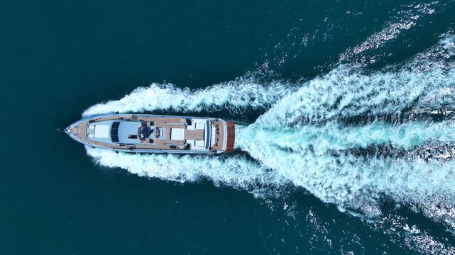 Aerial drone cinematic video of luxury yacht with wooden deck cruising in deep blue Mediterranean Sea