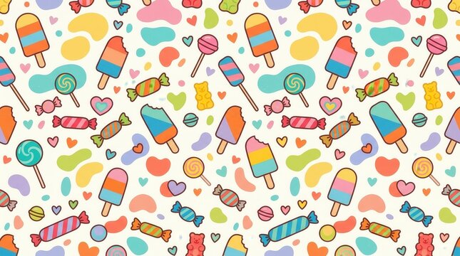 A playful pattern of colorful popsicles, lollipops, wrapped candies, and gummy bears with hearts