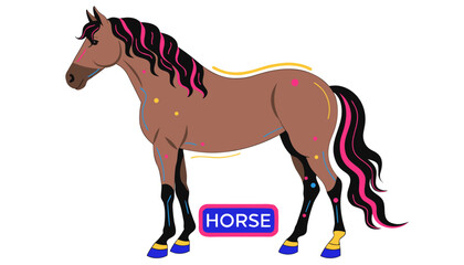 Very beautiful colorful vector illustration featuring HORSE standing gracefully in full side profile, rich brown coat, flowing mane and tail, realistic anatomy, natural shading, and decorative label r © williamnoah