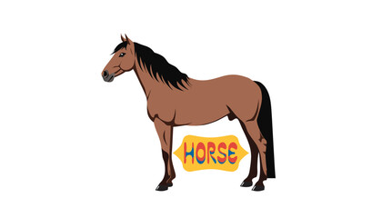 Very beautiful colorful vector illustration featuring HORSE standing gracefully in full side profile, rich brown coat, flowing mane and tail, realistic anatomy, natural shading, and decorative label r © williamnoah