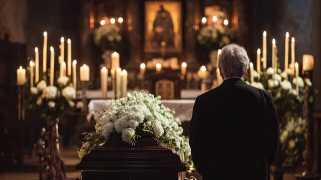 senior man stands in front of a coffin at a funeral in the church decorated with candles and flowers animation
