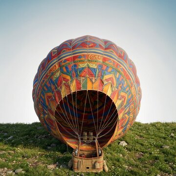 Vibrant Hot Air Balloon with Intricate Patterns on a Grassy Hillside.