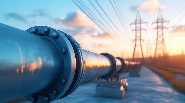 Close-up of an industrial pipeline with power lines and sunset sky in the background
