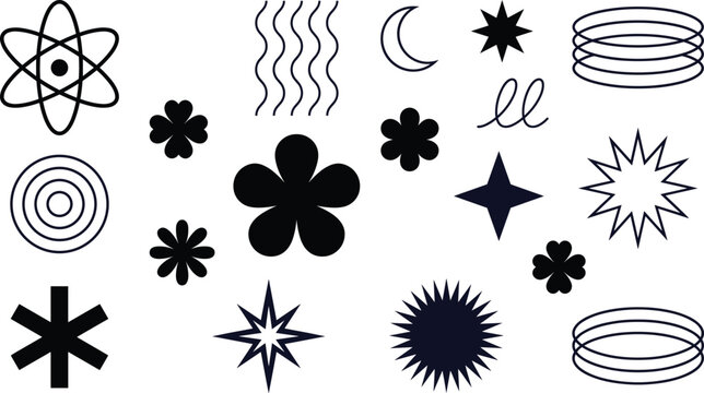 Y2K retro abstract geometric design element doodle set star burst atom flower spiral line art vectors