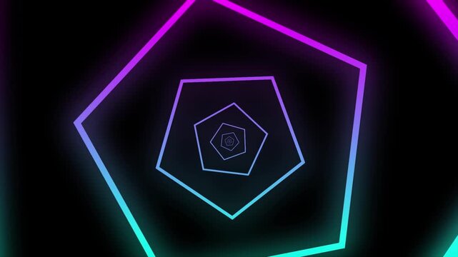 Abstract neon pentagon tunnel loop background, glowing purple and cyan geometric lines, vj motion graphic backdrop, 4k resolution sci-fi video