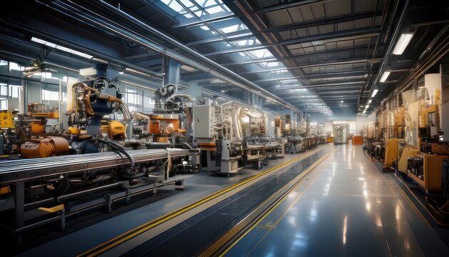 Modern Automated Factory Production Line with Robotic Arms.