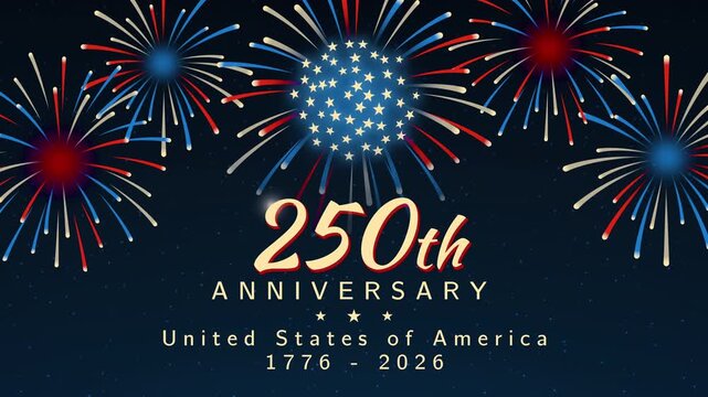 Banner 250th anniversary of the USA. 250 years of independence. 4th of july 2026 usa independence day. US flag fireworks on night sky background. Video greeting card. Fourth of july. 4k seamless loop