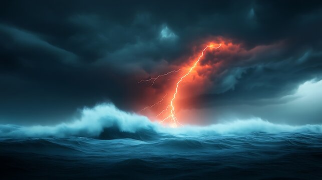 Dramatic ocean scene with lightning storm and dark storm clouds during a thunderstorm at sea