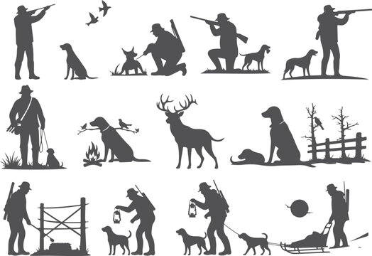 Deer hunting silhouettes with hunters, dogs, campfire, and sled in forest and fence scenes on transparent background.