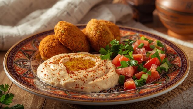 Detailed view of Arab dish featuring fried falafel, hummus, and vegetable salad.
