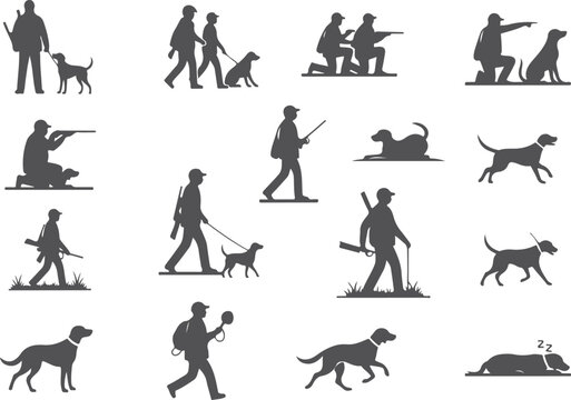Silhouettes of hunters with dogs in various poses and actions on transparent background for hunting sports and outdoor activity themes.