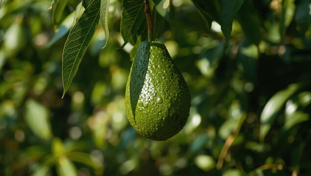Detailed view of a ripe green avocado on tree branches.