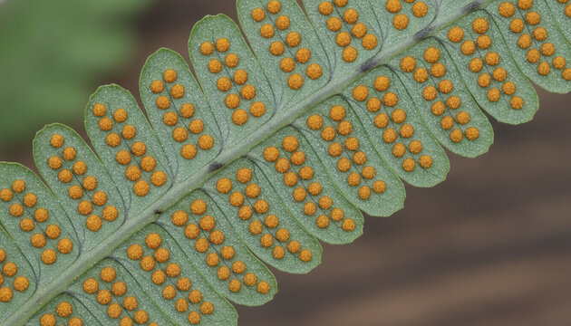 Blue Star fern leaf underside macro with golden orange sori spore clusters