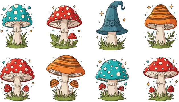 Mushroom collection set with magical forest fairytale elements
