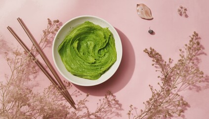 Obraz premium Dish of wasabi and chopsticks on a pink surface