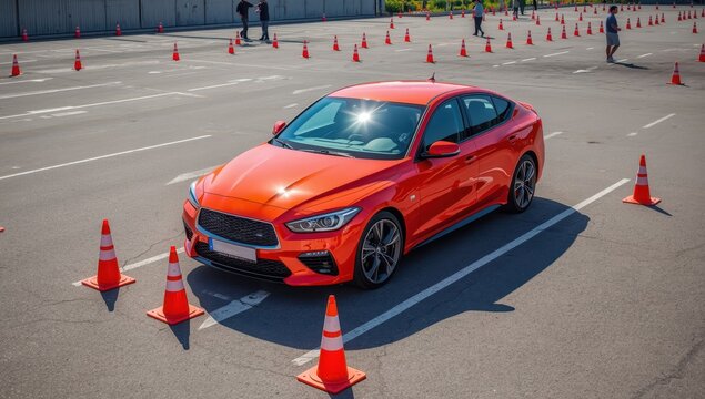 Driving school vehicle located among cones in training parking lot.