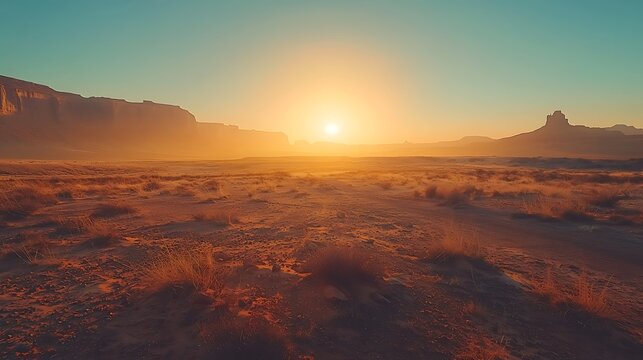 Golden desert landscape at sunrise with dry grasses and distant sandstone mountains under a clear sky