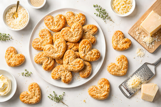 Palm cheese cookies styled in modern minimal luxury flat lay emphasizing contemporary bakery lifestyle aesthetic