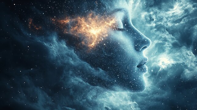 Luminous human head composed of stars and cosmic nebulae with radiant orange energy flowing from the forehead