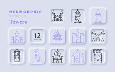 Towers set icon. Castle fortress pagoda lighthouse medieval wall gate turret bastion stone building architecture historic stronghold structure line style neumorphic tiles. © Кирилл Макаров