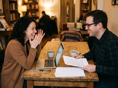 A smiling woman and man discuss documents over coffee at a wooden table with a laptop and bookshelves in the background