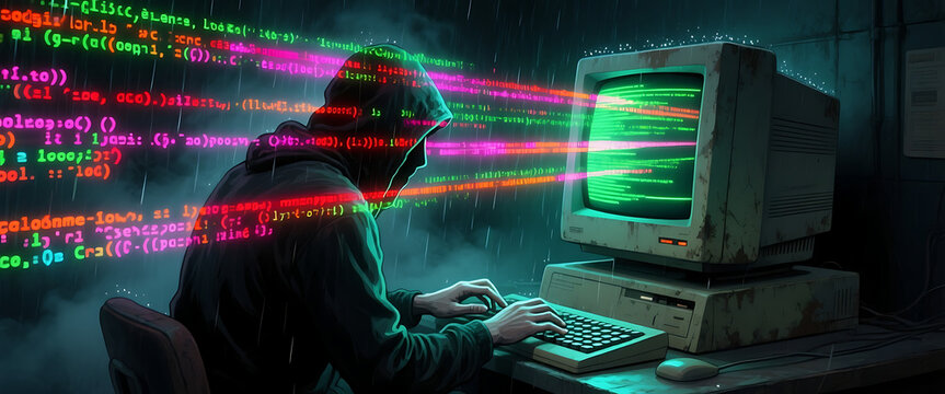 Hacker in dark room typing on old computer with glowing code.