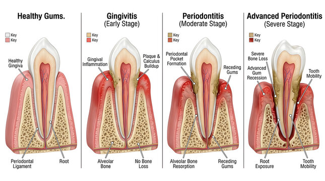 Cross section of human tooth showing stages of gum disease