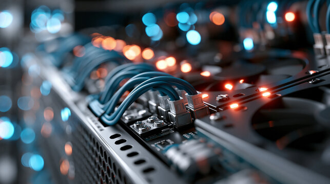Close-up of cooling vents and power distribution modules inside a data center rack, technical engineering details, high electricity consumption concept, server cooling, emergency power,