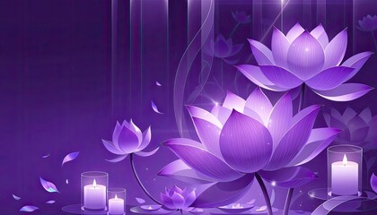 Purple lotus flowers with candles and petals
