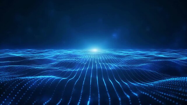 Abstract blue digital wave field with glowing light in dark cosmic expanse during cinematic motion