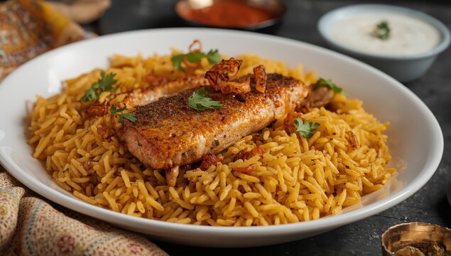 Fish Biryani accompanied by yogurt sauce, focused shot.