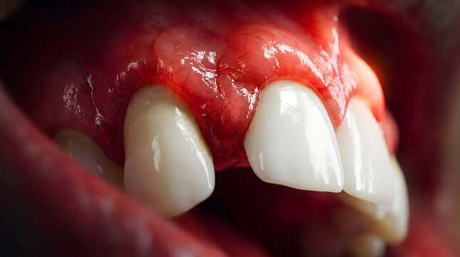Close up of inflamed and swollen red gums around human teeth