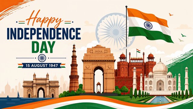 Vibrant illustration celebrating india's 79th independence day on 15th august with iconic landmarks.