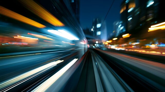 A dynamic transportation scene captured with glowing city lights emphasizing motion and the energy of modern urban travel
