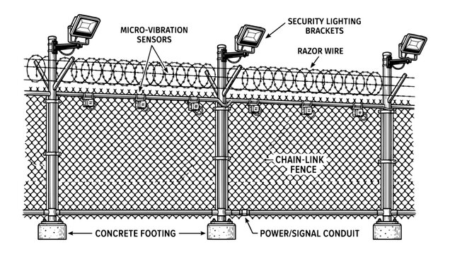 Illustrated security fence with barbed wire and warning signs on concrete posts in urban setting