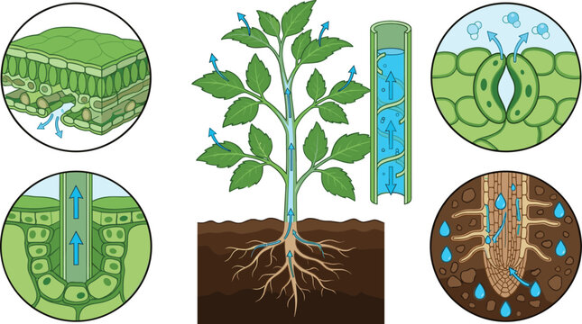Plant Water Transport and Transpiration Process Vector Diagram Featuring Root Absorption, Xylem Flow, Stomata Function, and Leaf Gas Exchange