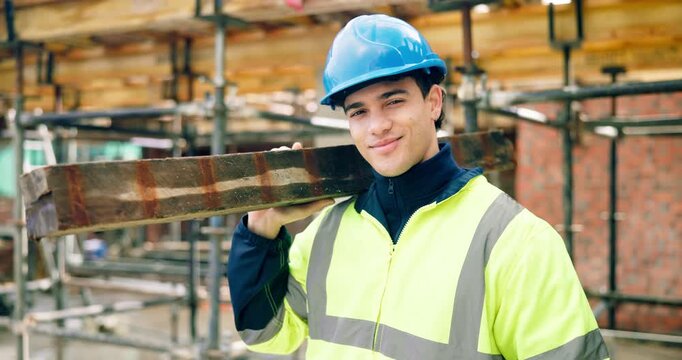 Construction, face or man outdoor with wooden plank, positive attitude or pride as industrial worker. Smile, portrait or builder on site with material, about us or confidence in architecture industry