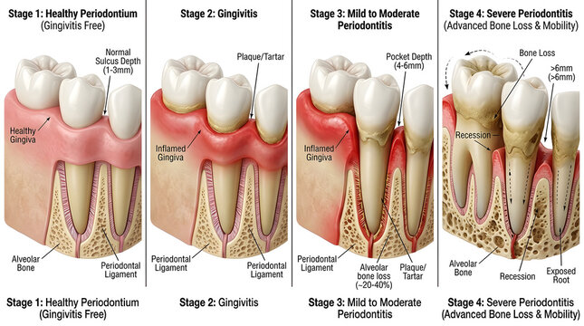 Progression of periodontal disease stages from healthy to severe