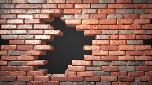 Broken brick wall with hole, destruction concept