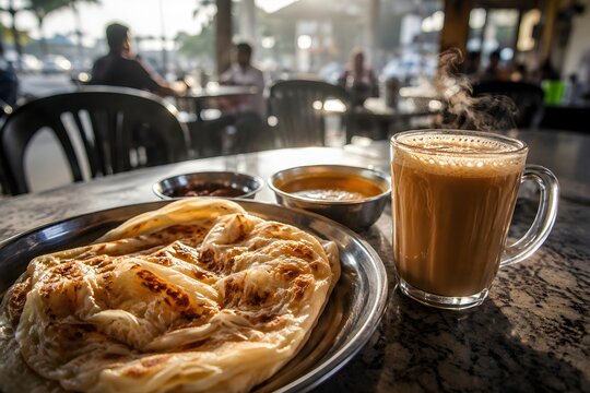 Traditional Roti Canai served with Teh Tarik, featuring flaky flatbread and frothy pulled milk tea, a popular Malaysian breakfast combination.
