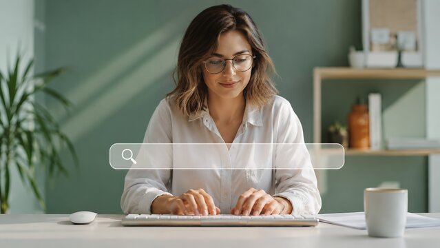 Woman using computer with search bar interface, online information retrieval, web browsing, digital search technology, internet research, SEO optimization and data discovery concept