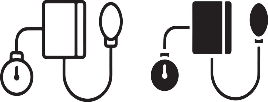 Sphygmomanometer blood pressure monitor vector icon set containing black line art and solid glyph style medical diagnostic apparatus symbols.